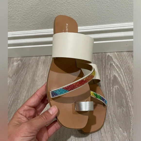 🌈 NIB Kurt Geiger Dawn Rainbow bone leather crystal strap sandal sz 8.5 🌈 - Picture 2 of 7